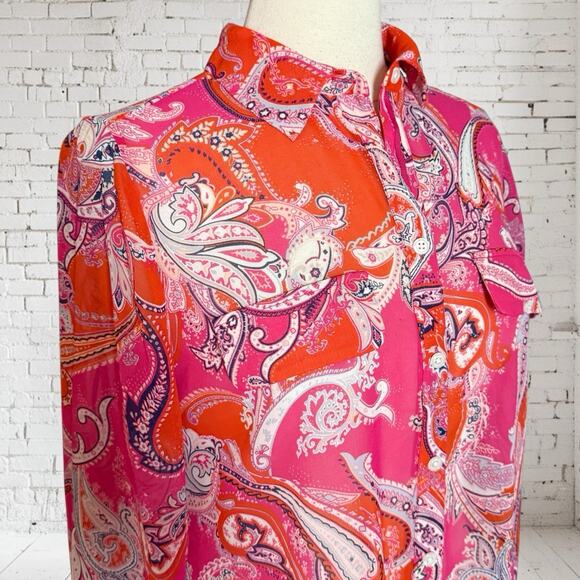 Chico’s Shirt Coral Paisley Button Up Blouse Sz 8 Opaque Bohemian Preppy Pockets - Picture 3 of 8